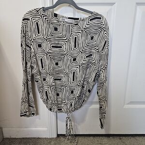 Zara Black and White Geometric Drawstring Blouse